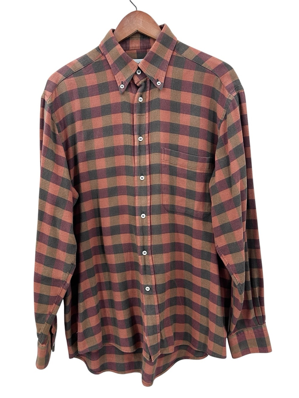 BULLOCK & JONES Shirt Long Sleeve Plaid Button Front Orange